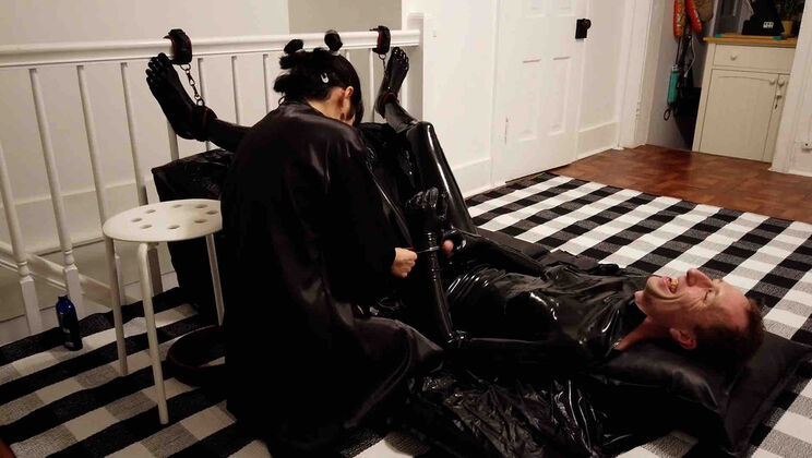 Lee & Rei Laughing in Latex Bondage Tickling